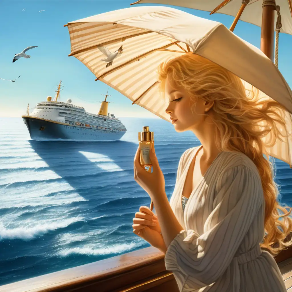 Blonde Woman Enjoying Serene Ocean View on Ship Deck with Makeup Bag and Sunscreen