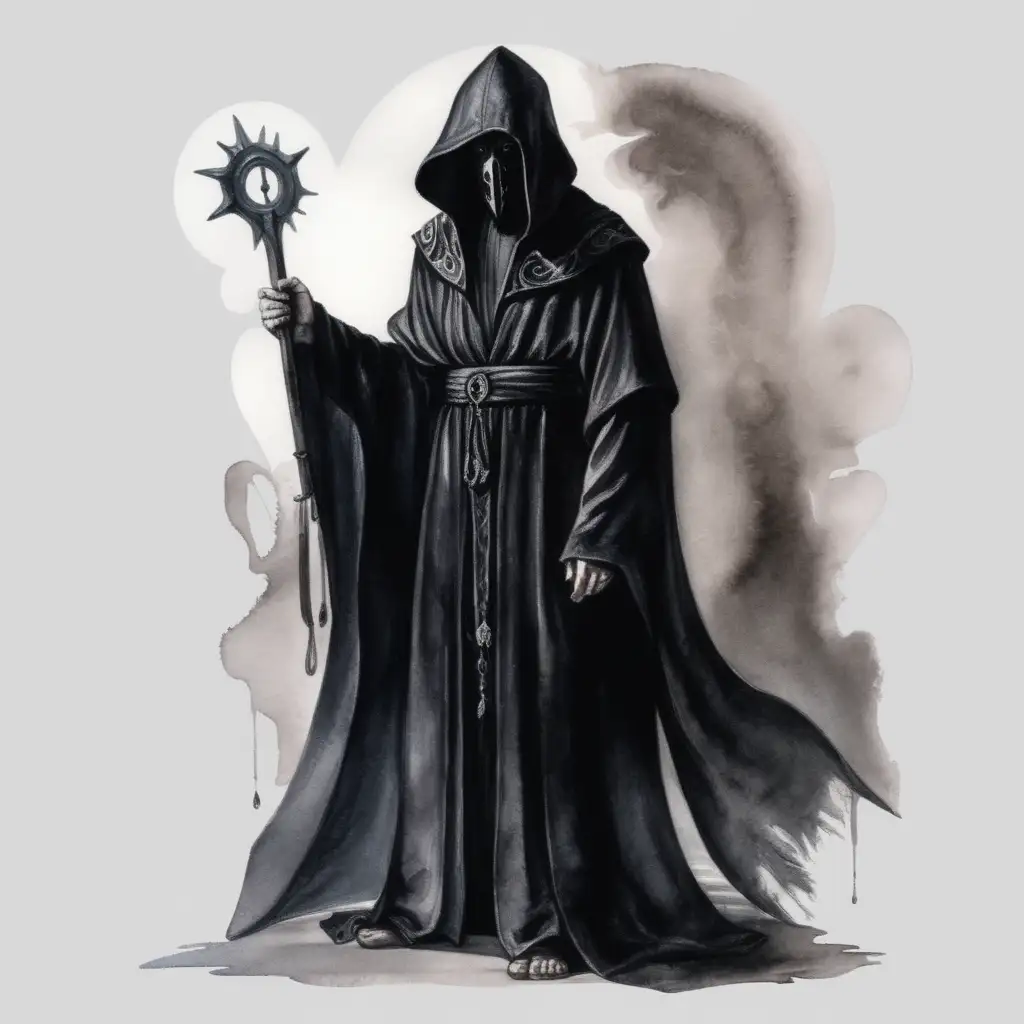 fantasy cultist in black robes standing, dark watercolor drawing, no background