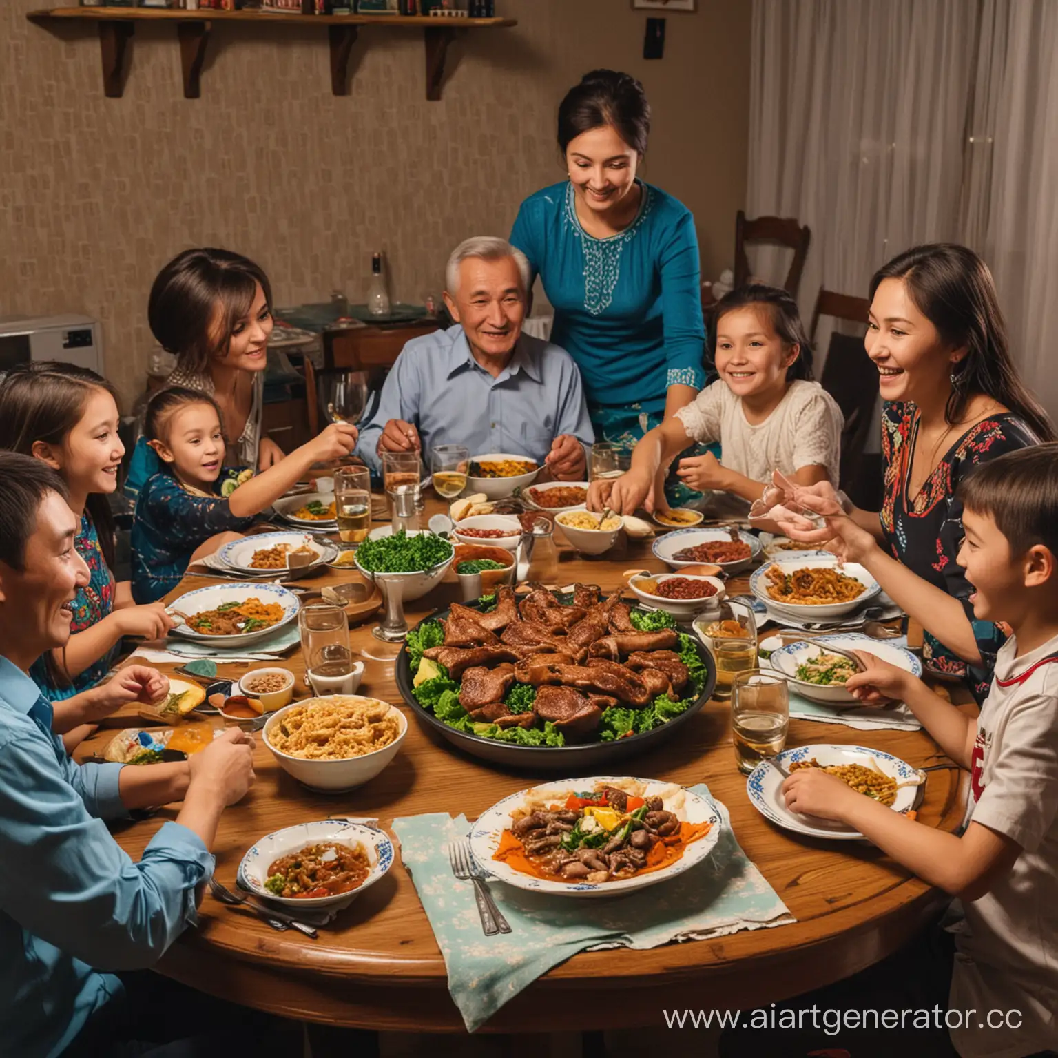 казахская, семья, отец, мать, дедушка, бабушка, дети, ужинают, за столом, сидят,