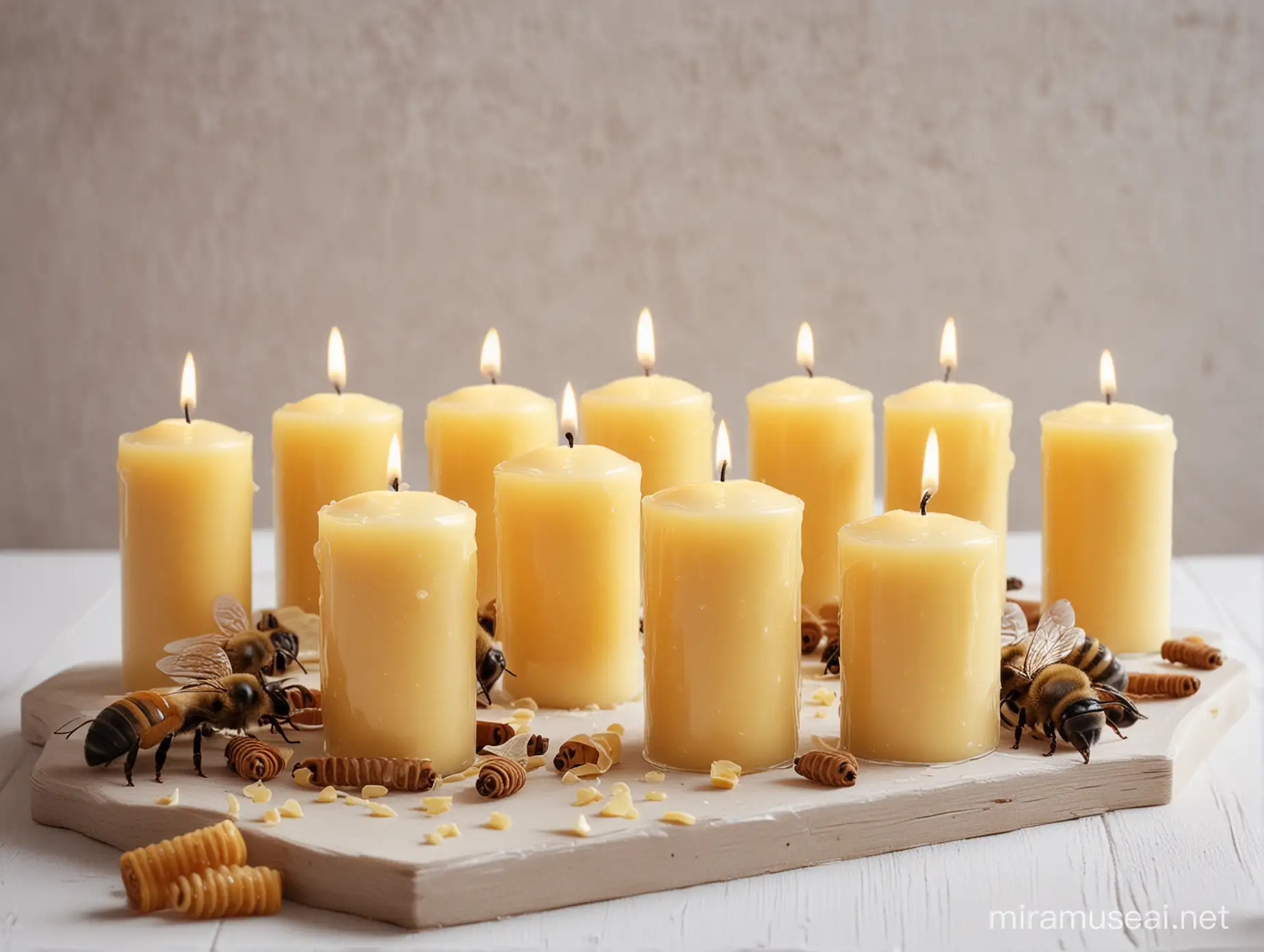 Elegant Bee Wax Candles Arranged on a White Table