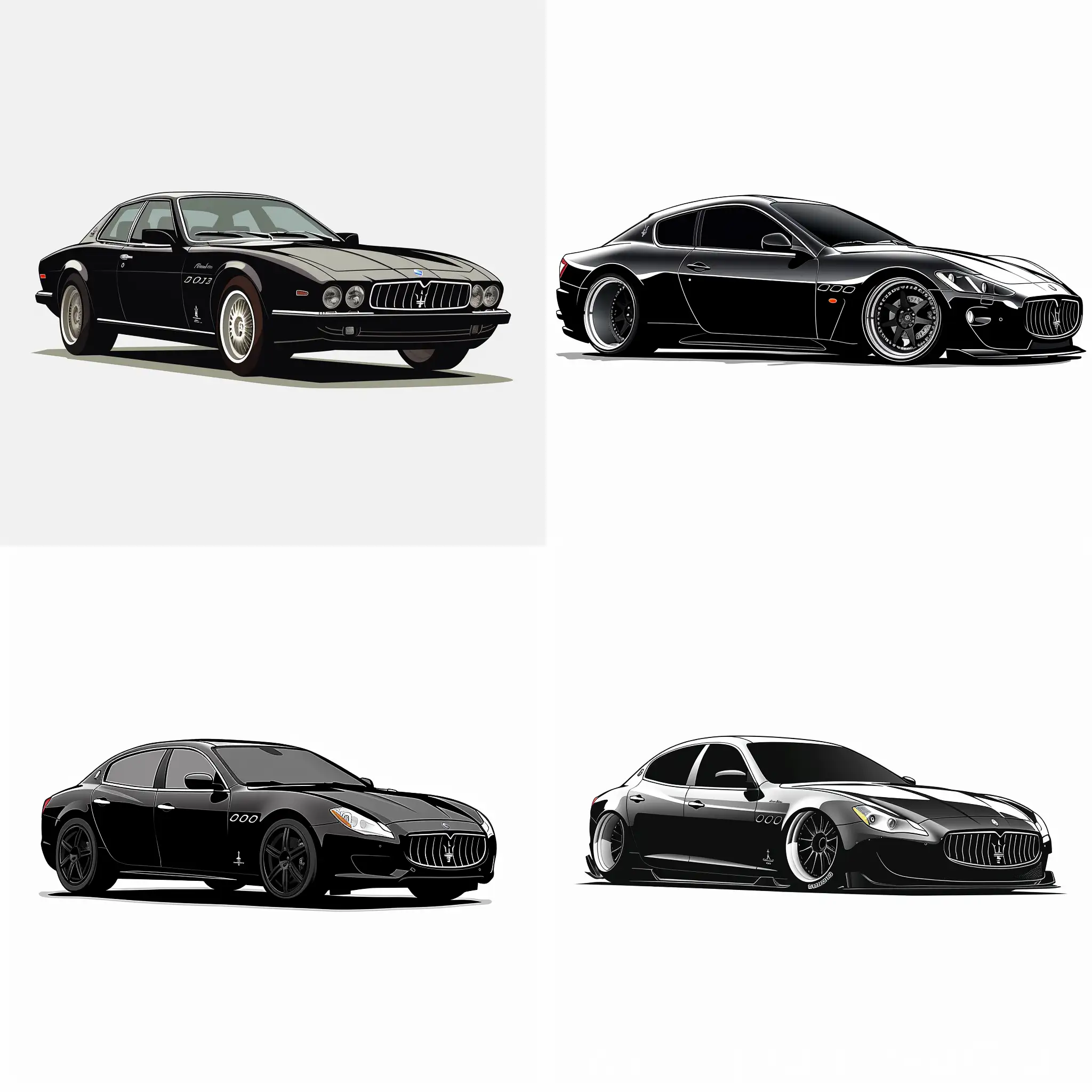 Minimalism 2D Car 2/3 View Illustration of: Black maserati quattroporte, white Background, Adobe Illustrator Software, High quality 