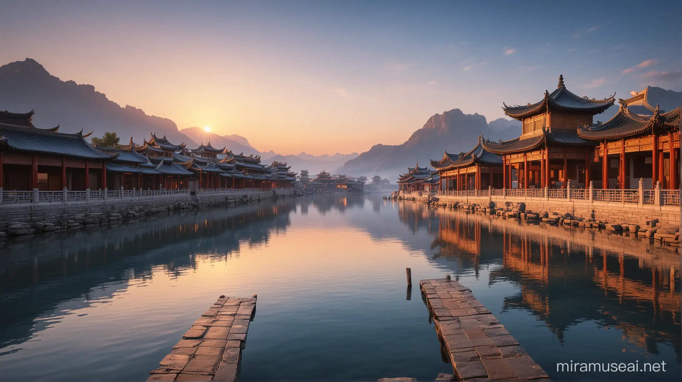 oriental chinese place, beautiful dreamscape, calm, sunset, golden hour, blue sky, hiper realism, photography