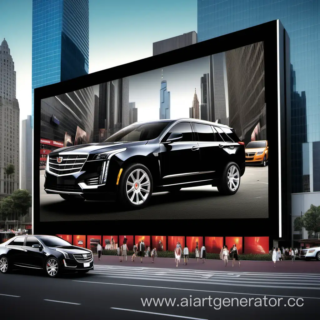 Cadillac car advertisement  banner on big LED screen in 3D format in the city