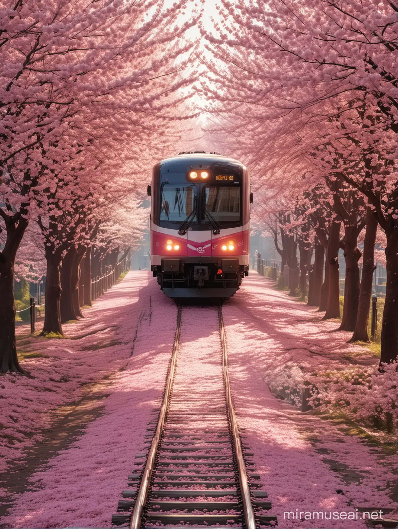 A breathtakingly beautiful real-life photograph of a curved rail train cross lined with fully bloomed cherry blossom trees, the scene is covered with cherry blossom petals, sunlight filtering through the petals creating a serene and magical atmosphere, masterpiece,best quality, highres, 8K photograph, Nikon