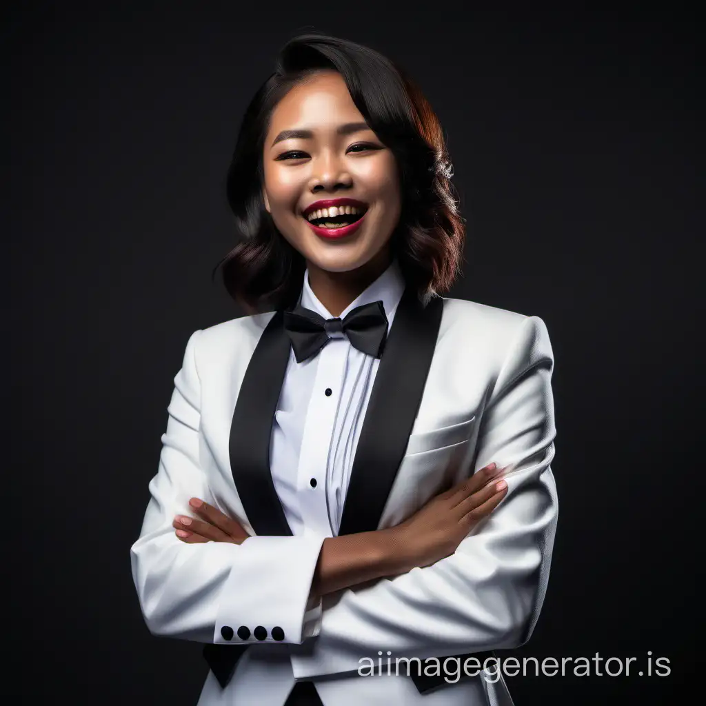 Beautiful dark skinned chinese woman with shoudler length hair and lipstick wearing a tuxedo with a white  jacket.  Her shirt is white with double french cuffs and a wing collar.  Her bowtie is black.  Her cummerbund is black.  Her cufflinks are black.  She is smiling and laughing. Her jacket is open. 