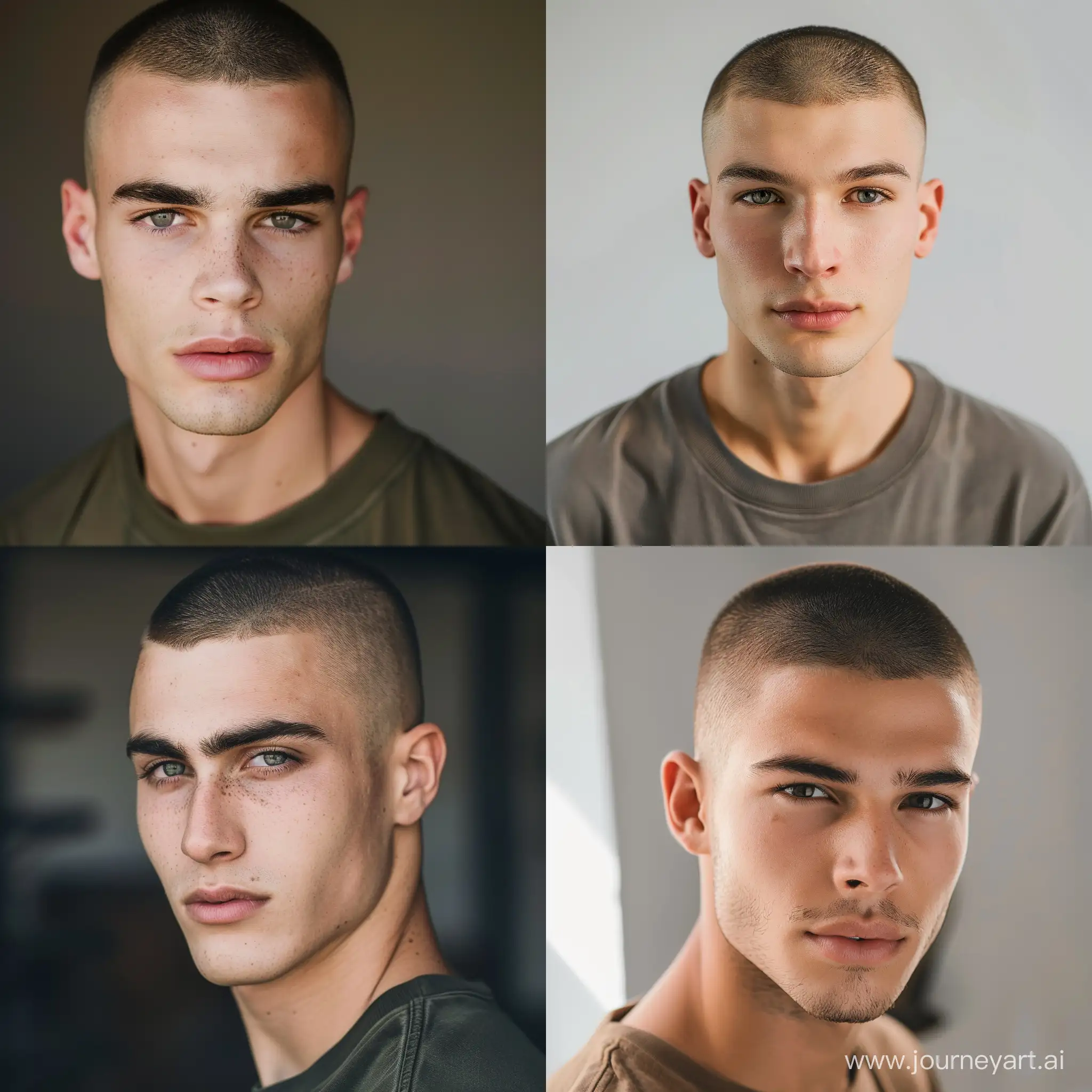 a 20 year old attractive man with buzz cut hair, cinematic view --s 50 --style raw --v 6