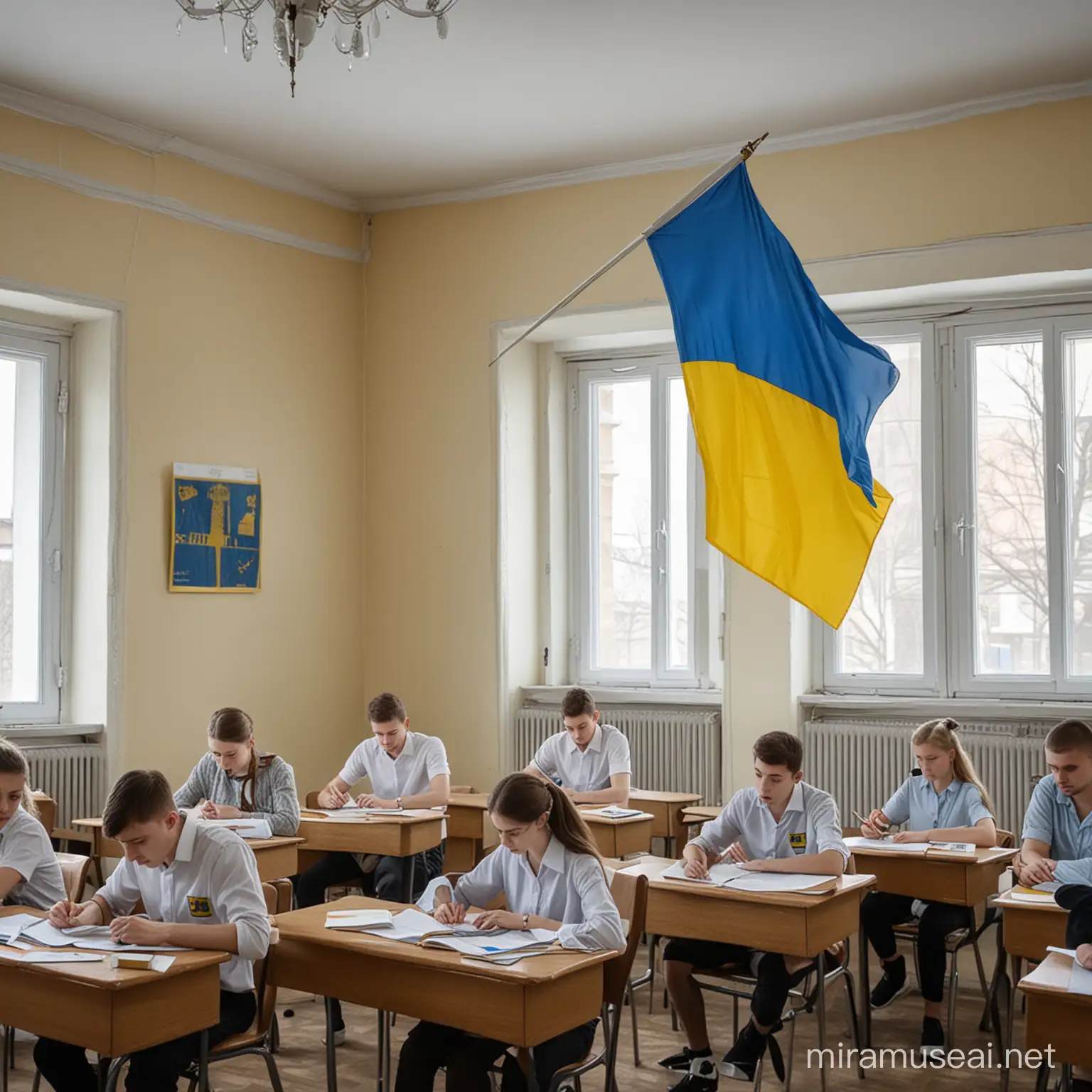 Ukrainische Schüler in einem Klassenzimmer, an der Wand hängt die ukrainische Flagge