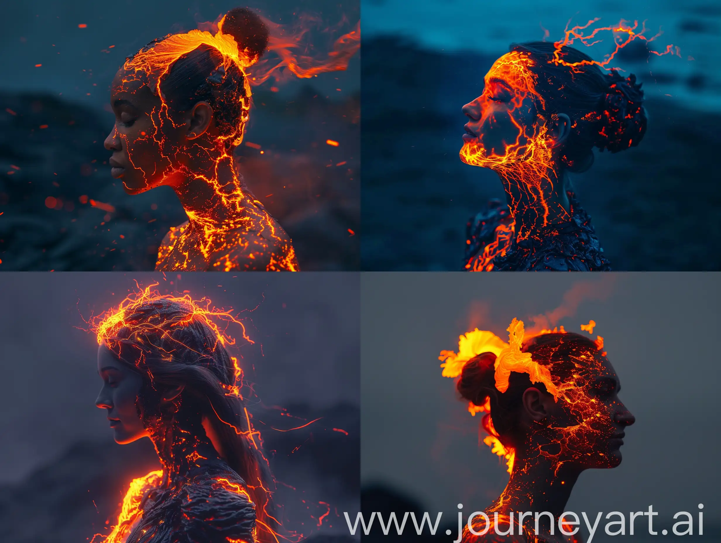 A woman, body made of lava, head and hair glowing neon orange, dark exposure cinematic photography