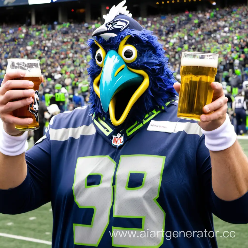 Nfl, , seahwaks fans, seattle home game, beer, chugging, full bird costume, outrageous play, score touchdown by seahawks player