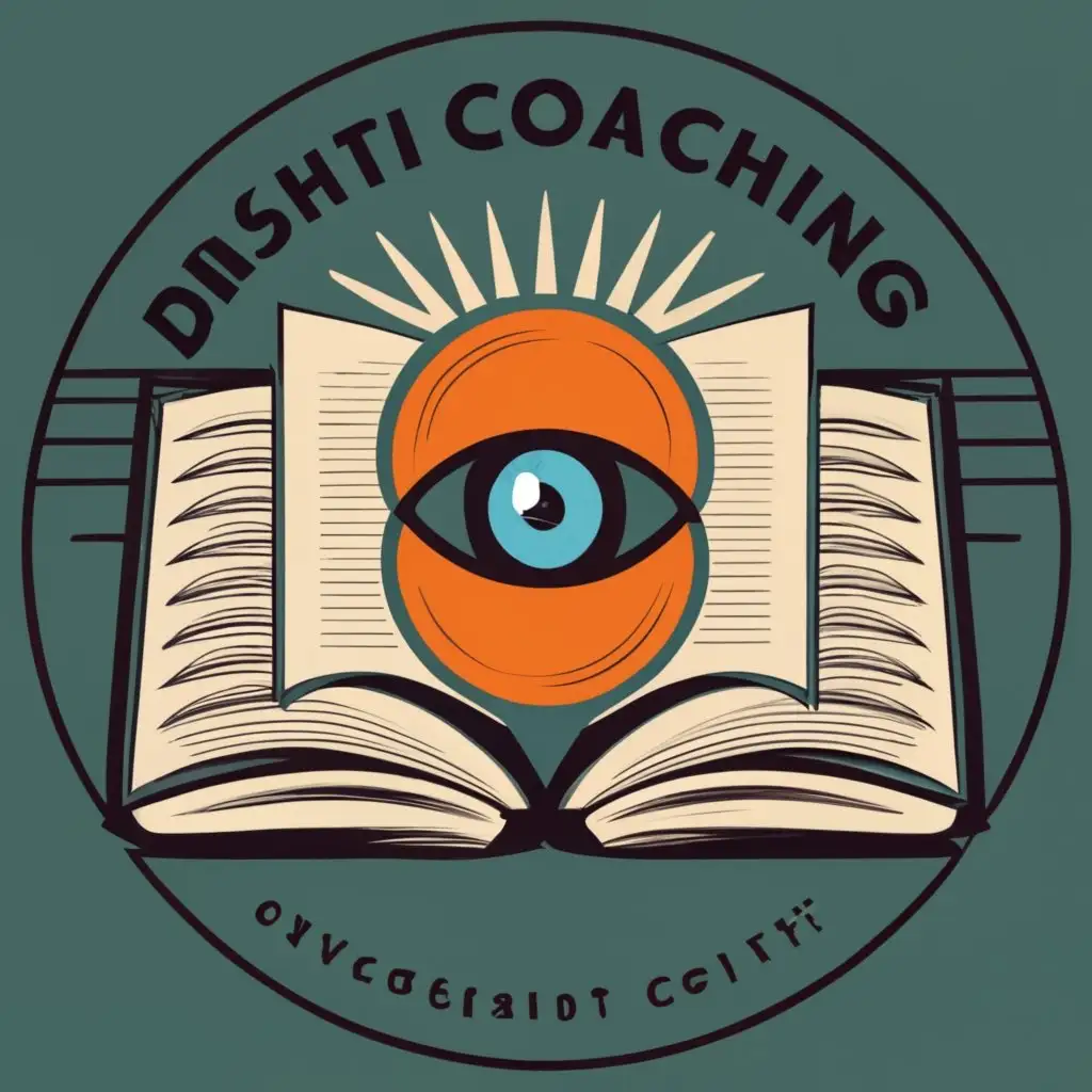 logo, An open book forming the shape of an eye within its pages. The pages are slightly curved, symbolizing the unfolding of knowledge and insight. Use a vibrant color palette with warm tones like orange or gold to convey a sense of enlightenment.

Typography:
Select a modern and clean font for "Drishti Coaching," possibly integrated with the book design for cohesion., with the text "Drishti Coaching", typography, be used in Education industry