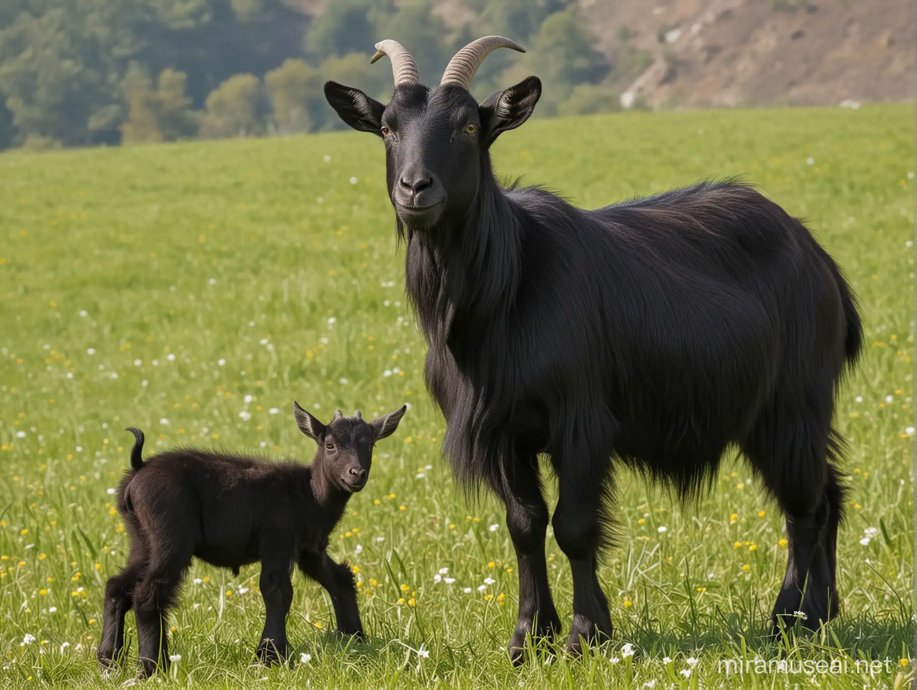 black mother goat with baby in the fields
