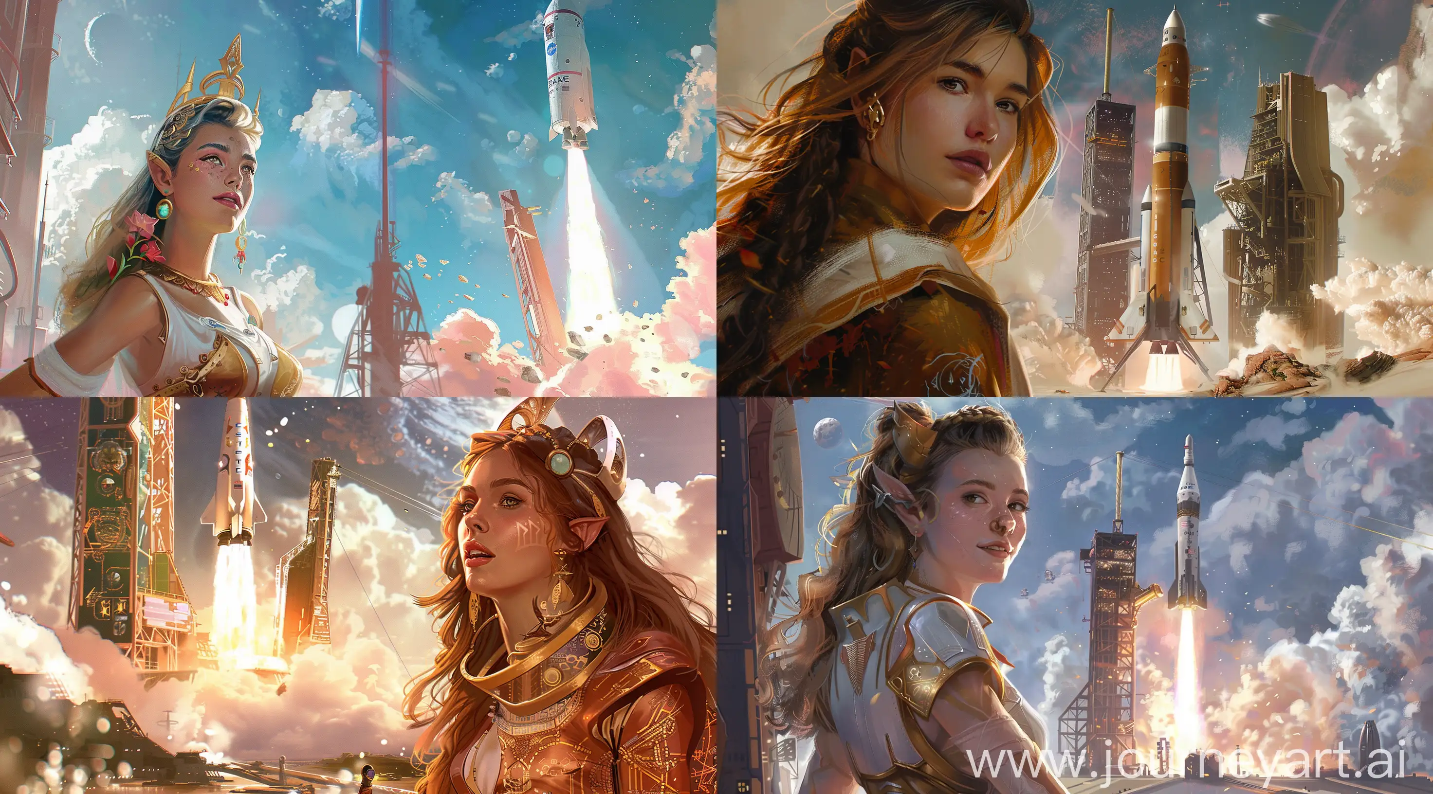 Create a visually exciting and challenging illustration in a realistic fantasy style of a beautiful young woman Space Nomad and Wanderer in front of a spaceship launch. The illustration should depict a scene reminiscent of a Tarot card, show grand scale, and incorporate influences from Nabis and Dungeons & Dragons and cosmoopera  --s 75 --ar 9:5 
