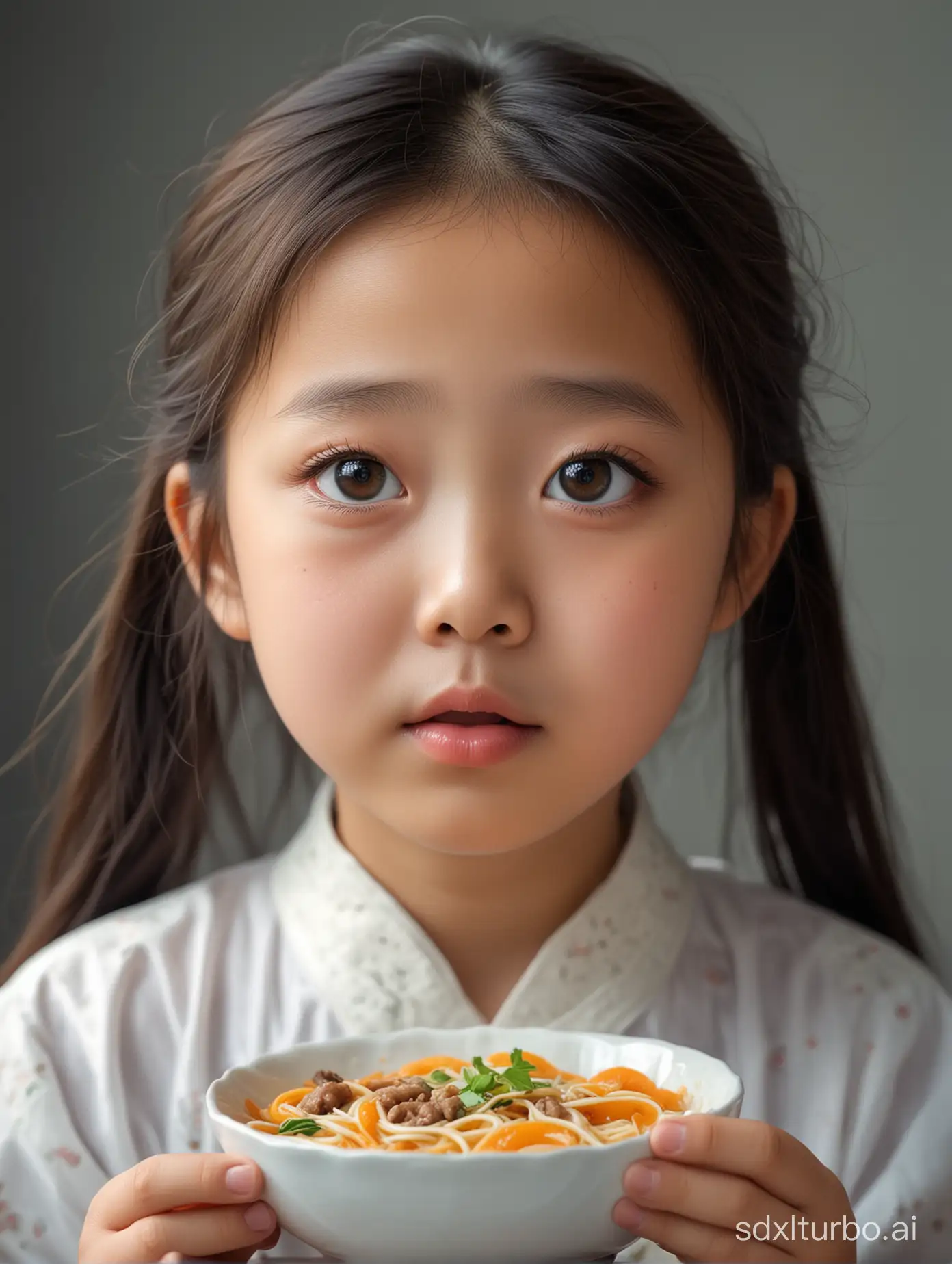 A delicate Chinese little girl is eating, with her innocent big eyes gazing into the distance. A realistic photograph.