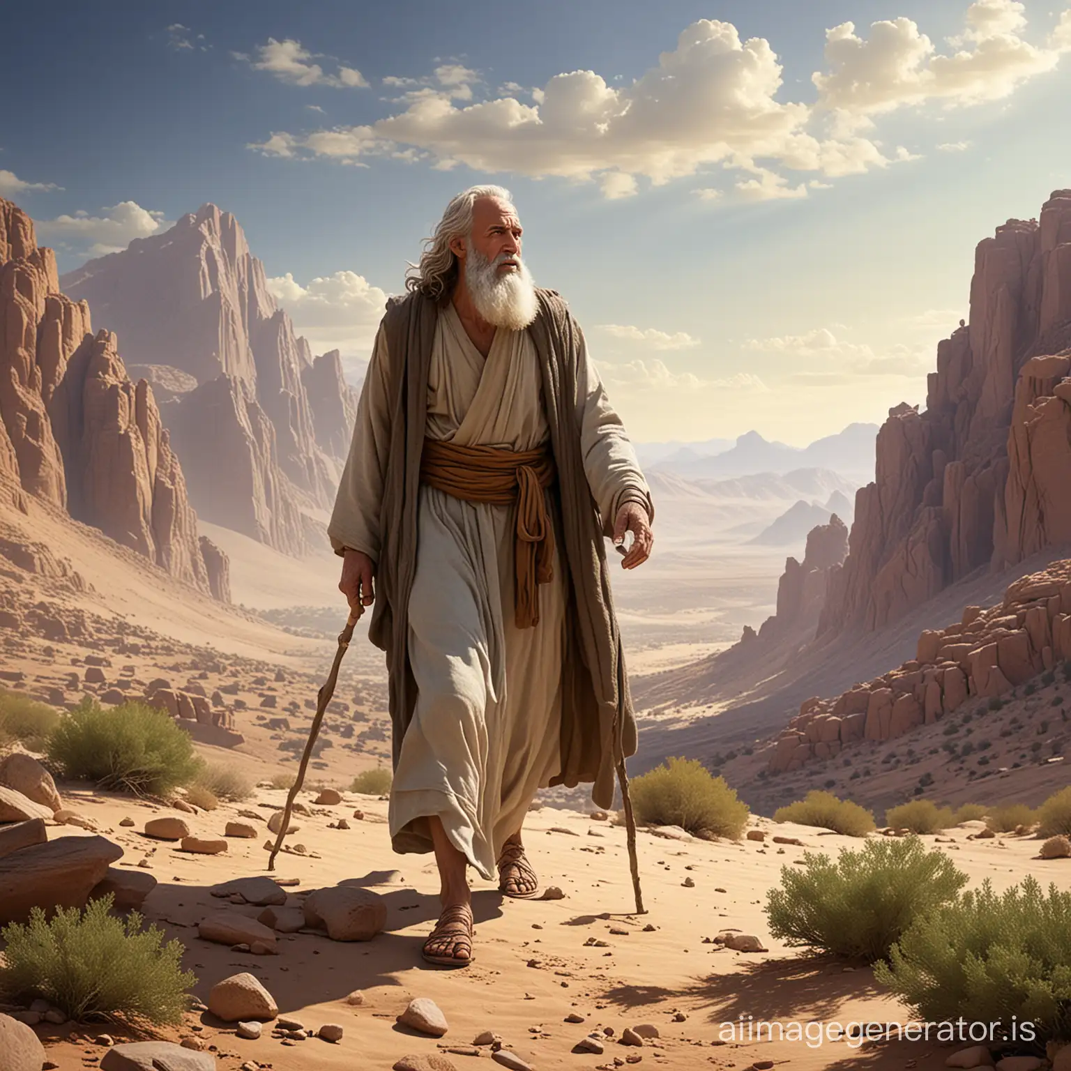 As Prophet Moses wandered the desert, he ascended a towering mountain in his humble, poor dress, seeking guidance and wisdom in the solitude of the wilderness. Craft a narrative detailing his spiritual journey and the revelations he uncovered at the summit.