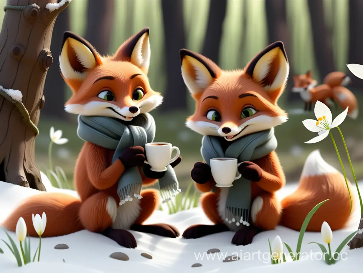 мультяшный два довольных лисенка в шарфиках пьют кофе сидят в лесу на полянке  подстнежники и весна 
