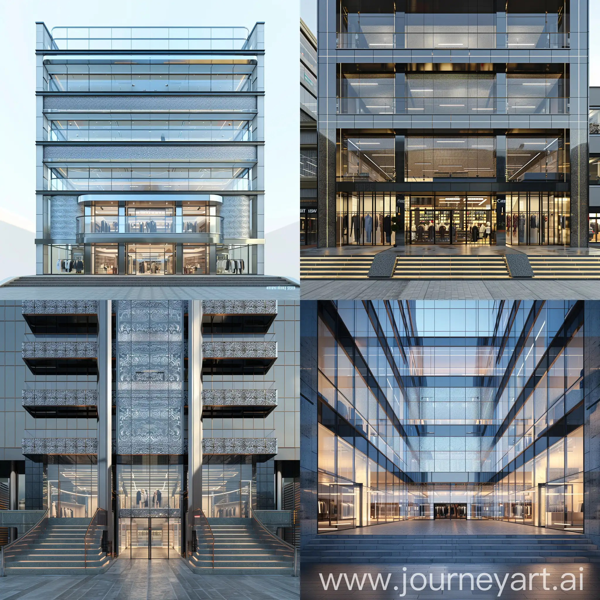 photorealistic ,canon 5D, 7-story office building, with the ground floor being 124 centimeters above ground level and accessible by 6 steps. It has entrance glass facades on both sides and a commercial clothing store in the middle of these entrances. I intend to design a modern glass facade for this building, with a second layer made of metal. I have a specific pattern and design in mind for the metal layer to enhance the beauty and grandeur of the building,so that this idea can be transformed into a realistic image.
