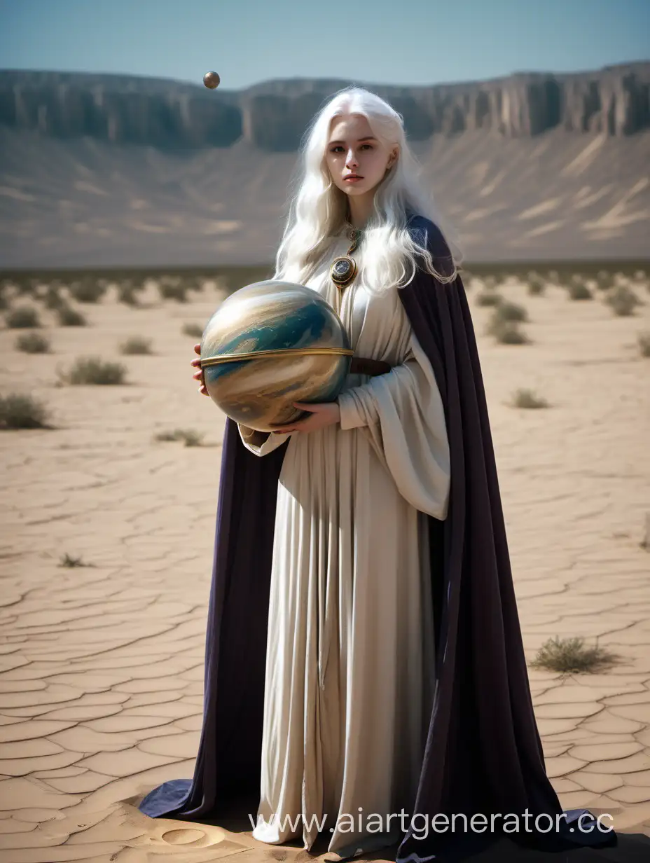 Aristocratic-Woman-Holding-Jupiterlike-Sphere-in-Desert-Noon