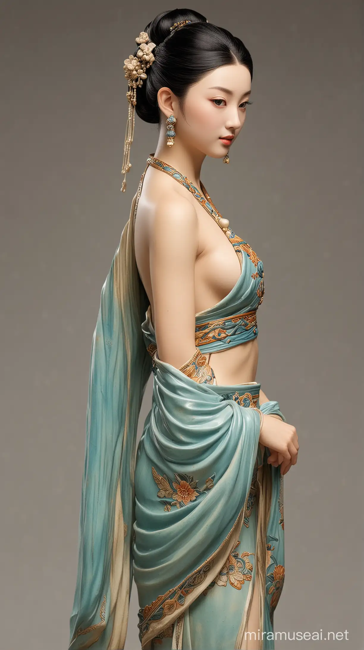 中国陶瓷美女，唐朝，露肩服装