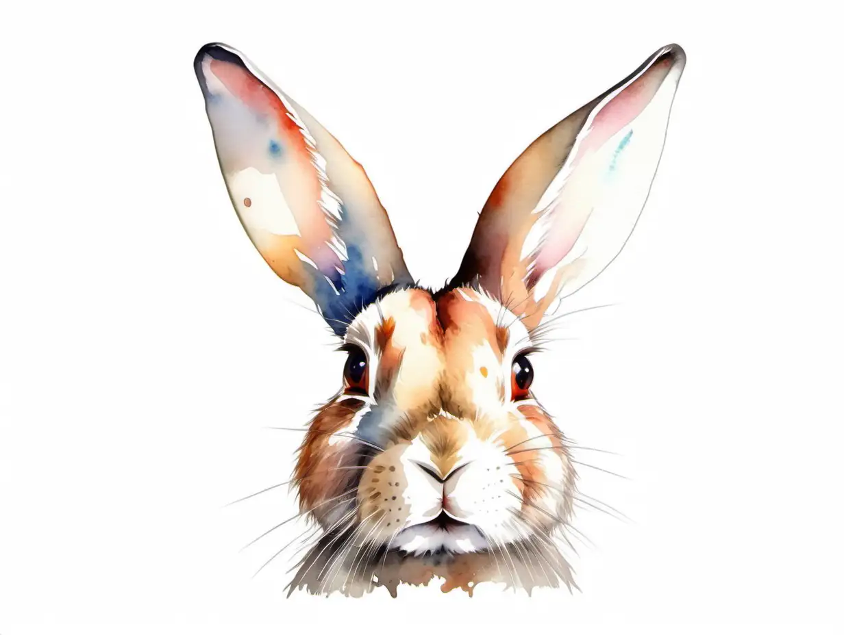 Whimsical Watercolor Rabbit Head Illustration on White Background