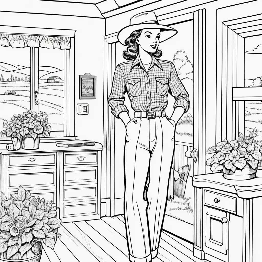 Vintage Land Girl Coloring Page with 1940s Fashion