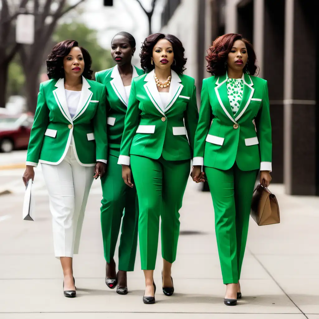Stylish African American Women in Green and White Suits Walking