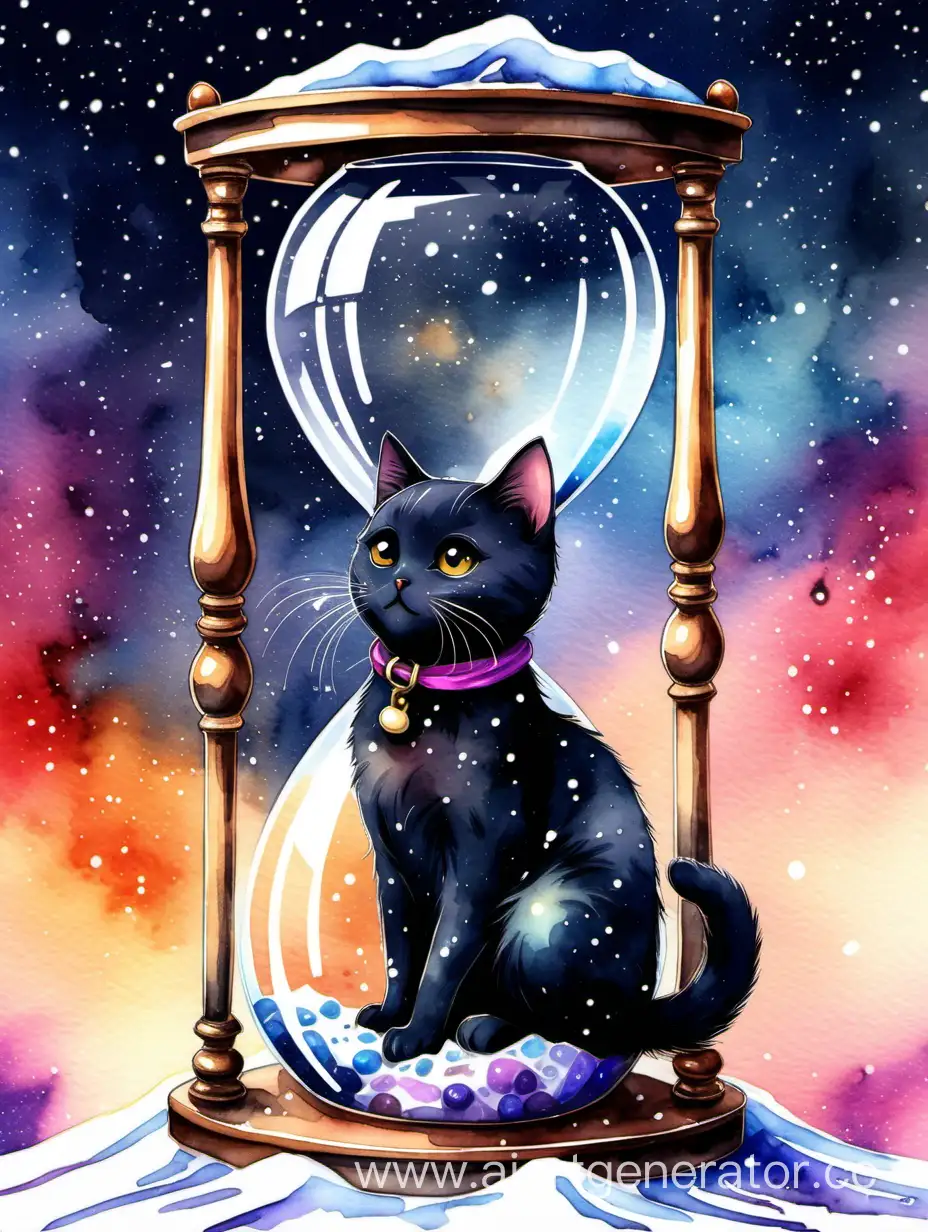 Adorable-Black-Cat-in-Hourglass-Catching-Snow-in-Colorful-Cosmos