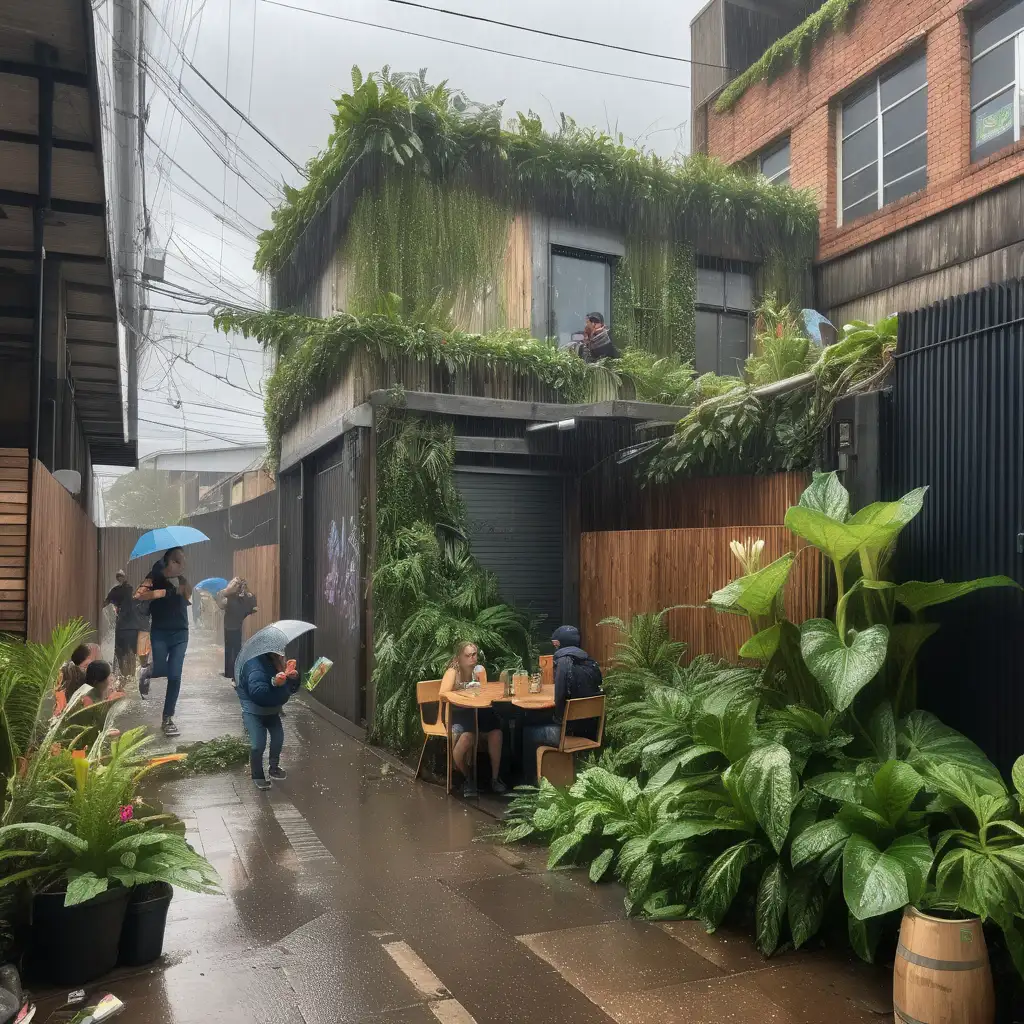 Morning. Heavy Rain. Tropical planting. Urban laneway. Slightly decrepit. Rubbish on the ground. crowd of people drinking beer. Building is post modern. Timber cladding. Children playing. Vines growing on building. Small flowers.