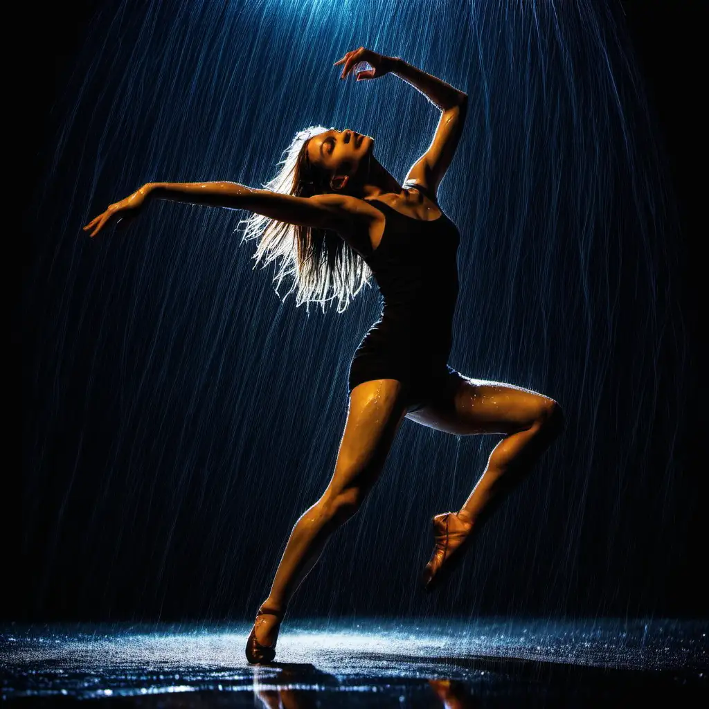 female dancer dancing in the rain at night against black background