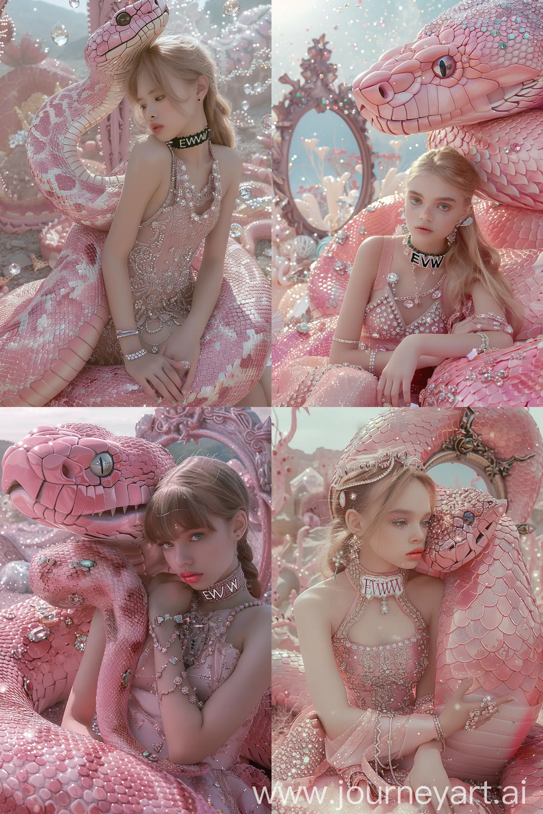 Fantasy-Girl-Embracing-Giant-Pink-Snake-in-Mirror-World