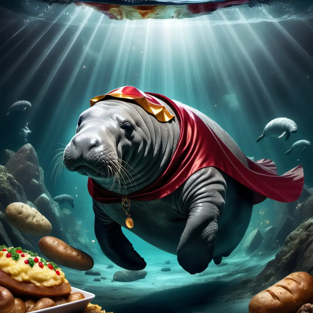 A majestic and magical manatee wearing a cape in a fantasy theme, swimming after a delicious baked potato
