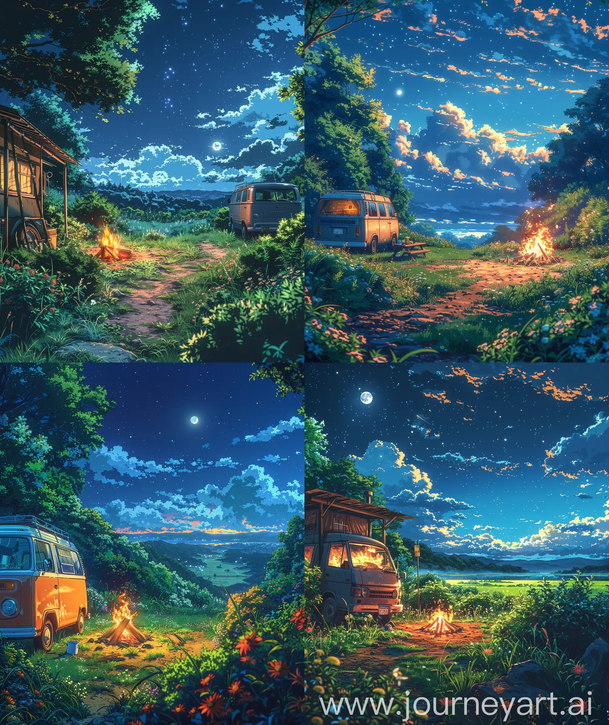 Anime scenary, illustration, mokoto shinkai and Ghibli style, front facade view of camp, bonfire, van beside, grass, flowers, clear night sky, moonlight view, close up view, bushes, vibrant color, beautiful sky, illustration, anime scenary, High quality, sharp details, no hyperrealistic --ar 27:32 --s 400