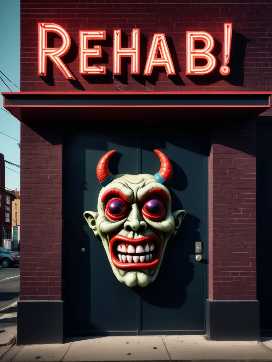 Create a photorealistic image of a quirky building with a neon sign saying ‘Rehab’ on the front of it. And a funny demon face in the foreground
