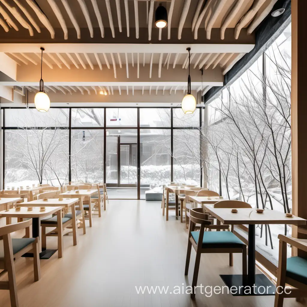 светлый минималистичный интерьер ресторана корейской кухни с зимним садом