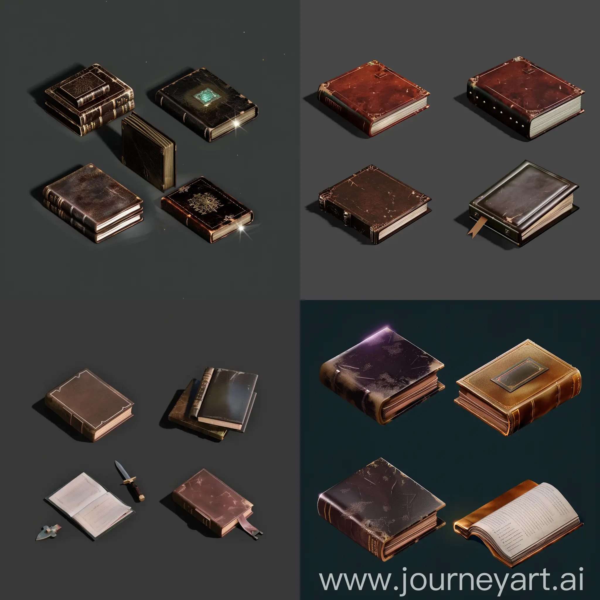 Isometric-Set-of-Old-Worn-Leather-Books-Realistic-3D-Game-Asset