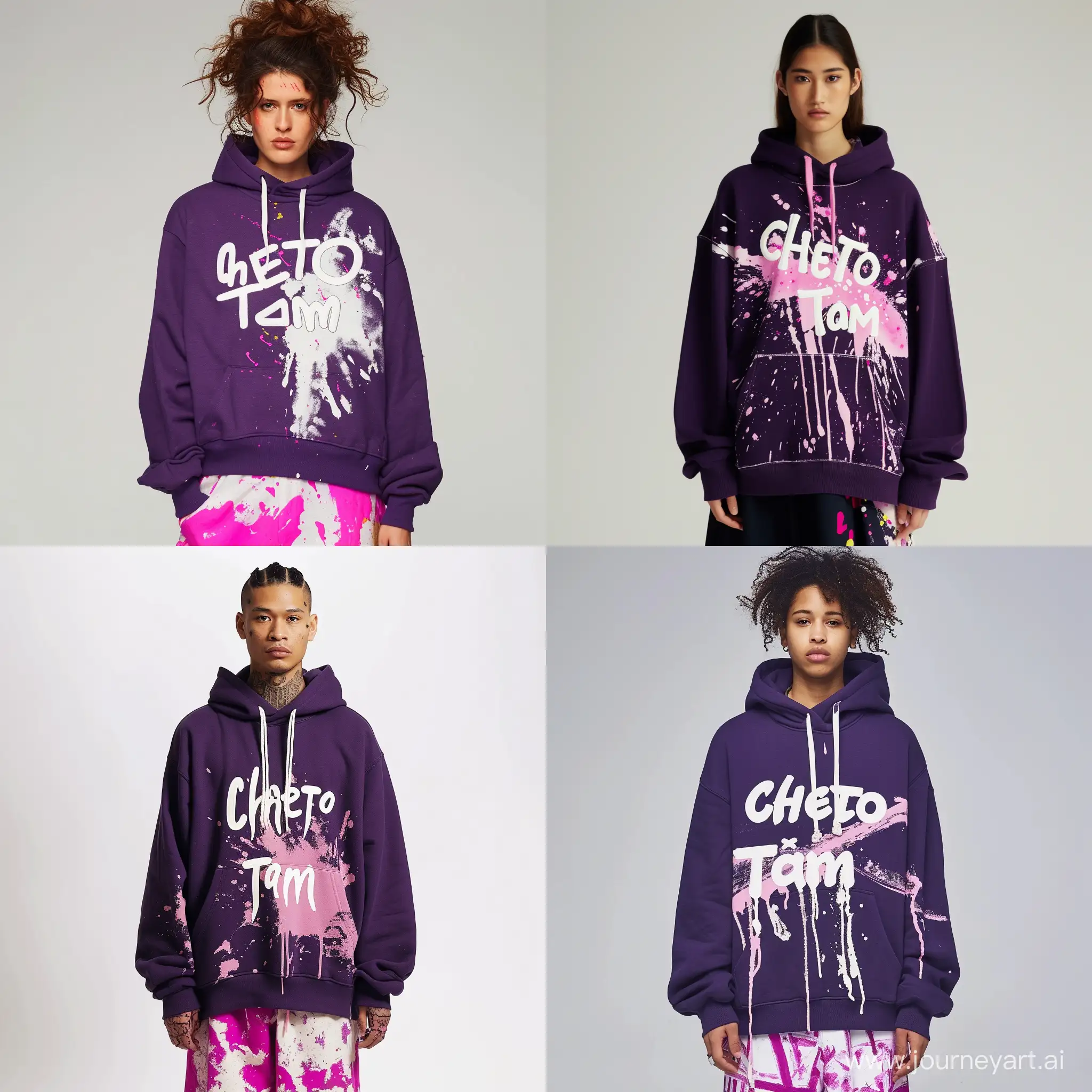 Purple hoodie with white and pink paint and white embroidered lettering "cheto tam", on the model's person, in white background