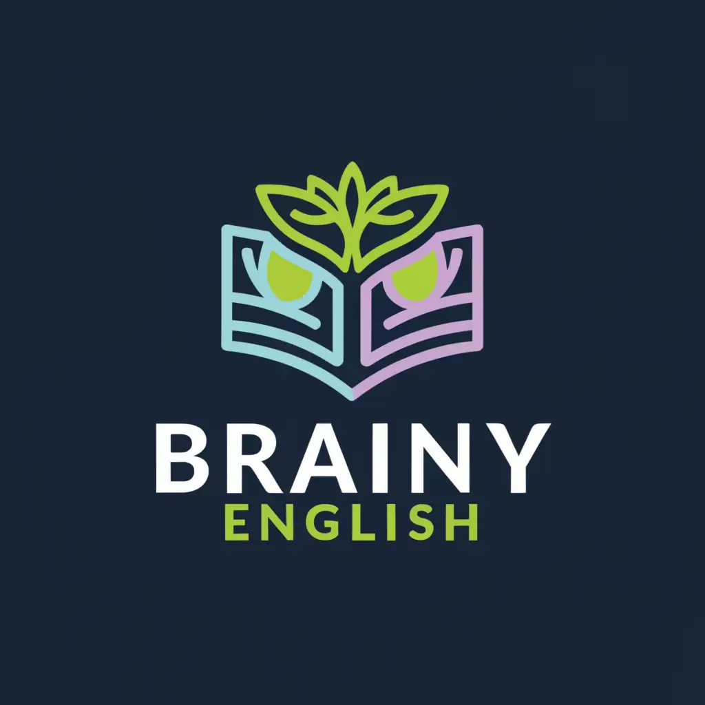 a logo design,with the text "Brainy English", main symbol:book, growing leader, care, background: navy,Moderate,clear background