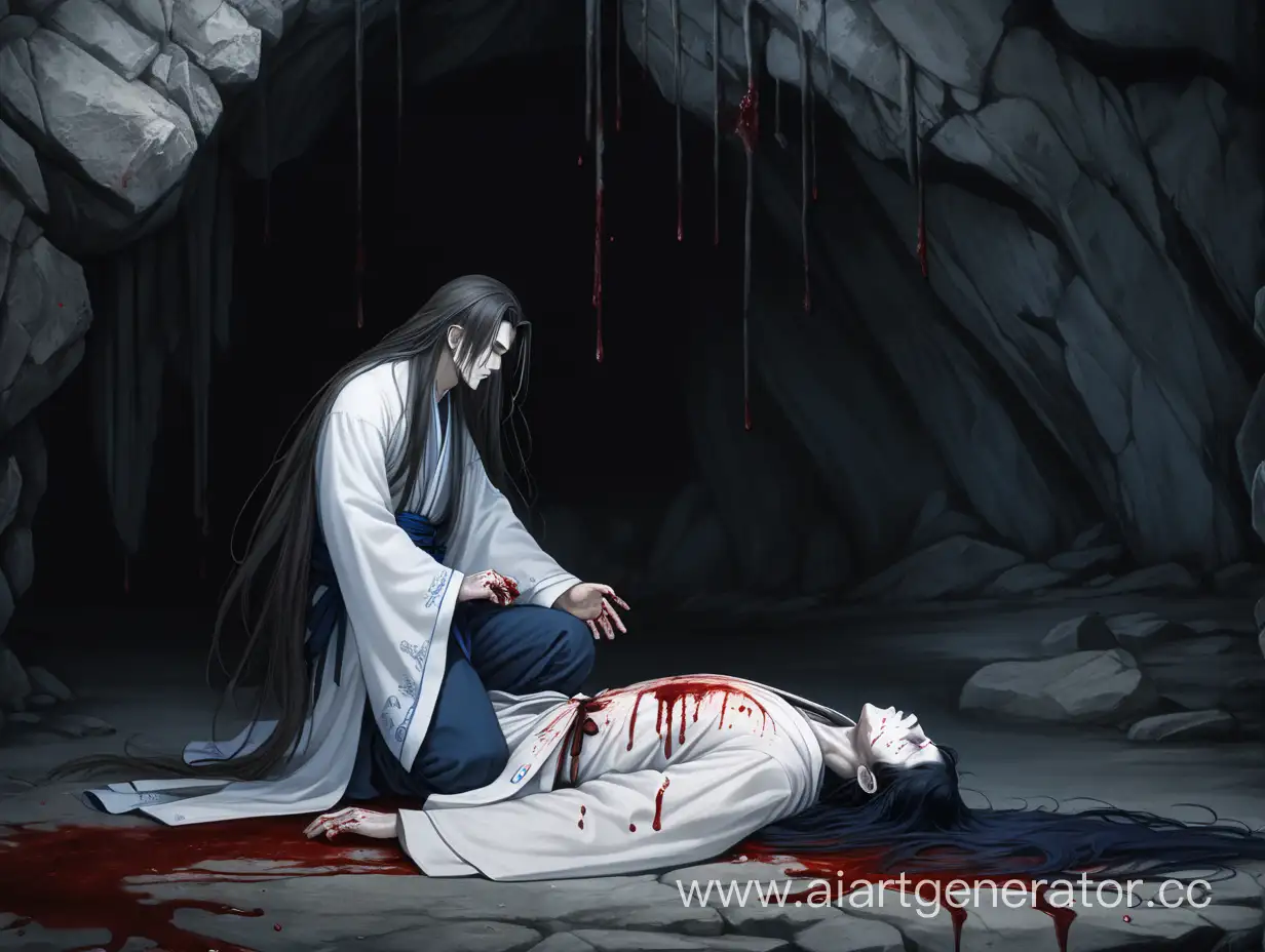 Grieving-Young-Man-in-Hanfu-Mourns-Over-Another-in-a-Cave