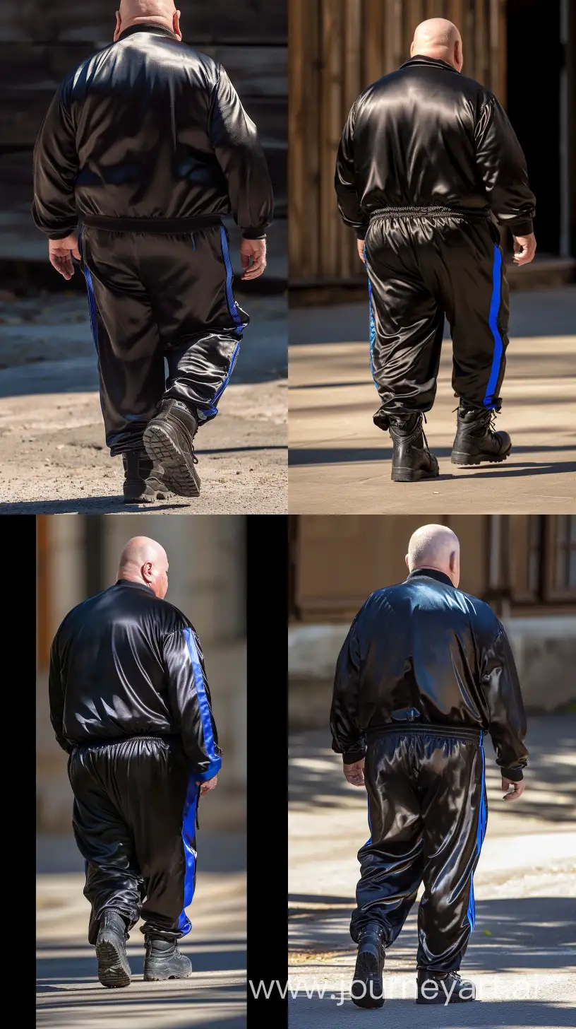 Back view fashion photo of a chubby man aged 70 wearing a silky black tracksuit. Royal blue vertical stripe on the side of the pants. Black Hiking Boots. He is walking. Direct Sunlight on his behind. Bald. Clean Shaven. Outside. --style raw --ar 9:16 --v 6