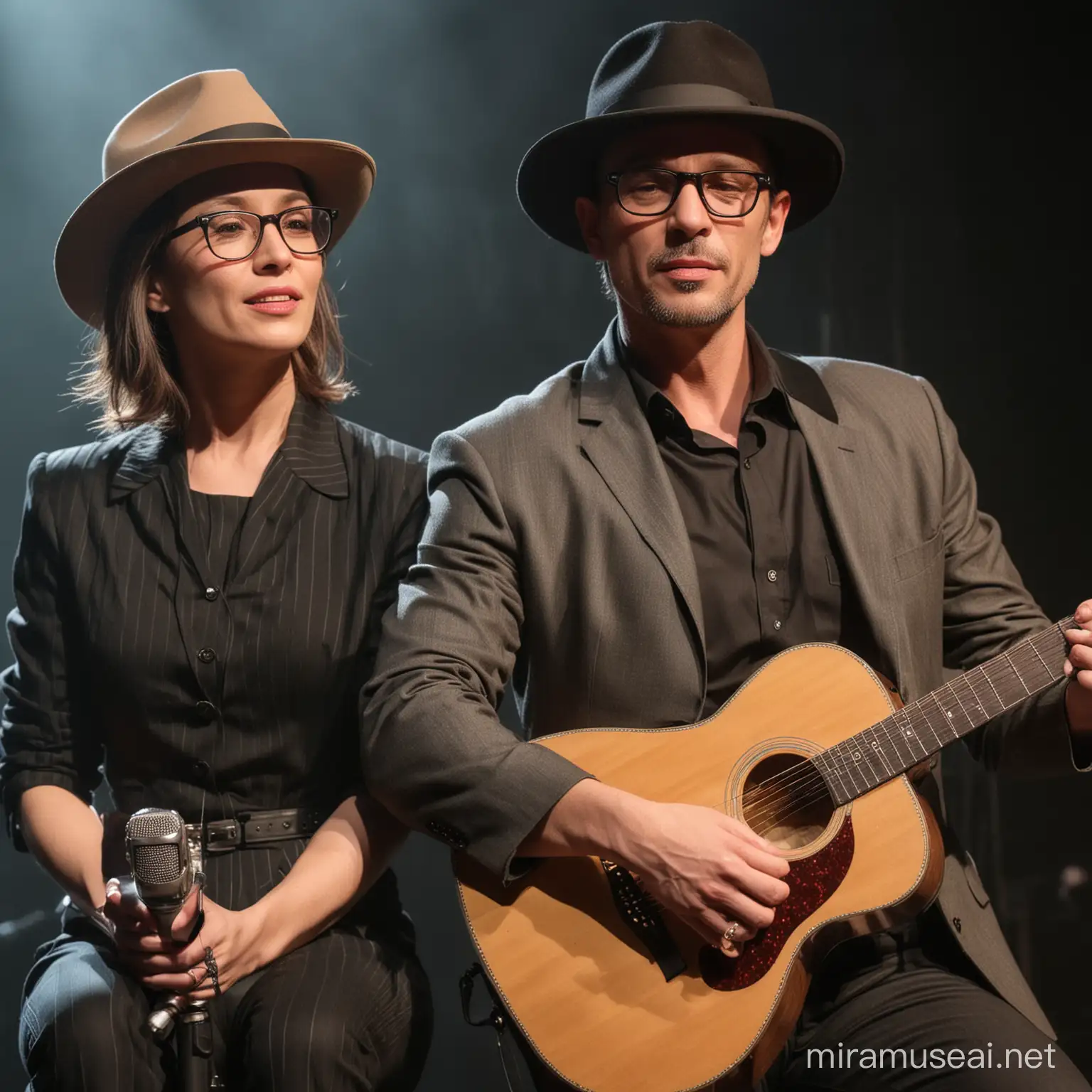 Close up man 46 years old handsome shitting on the chair, glasses, wearing fedora hat, sing with guitar on the stage,so sad, full body detiles, guest look, good anatomy, proportional body, duet with sexy woman vocalist