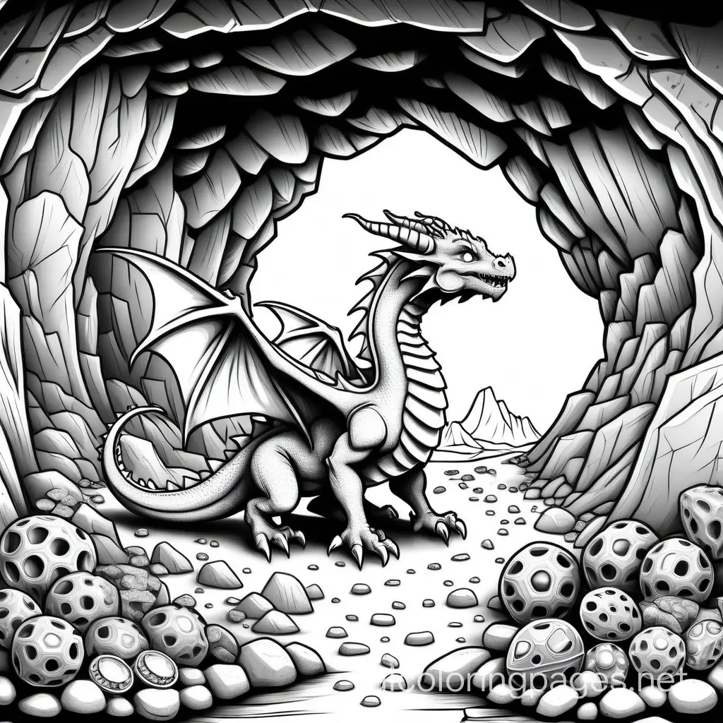 realistic  dragon in a cave with its treasures , Coloring Page, black and white, line art, white background, Simplicity, Ample White Space. The background of the coloring page is plain white to make it easy for young children to color within the lines. The outlines of all the subjects are easy to distinguish, making it simple for kids to color without too much difficulty