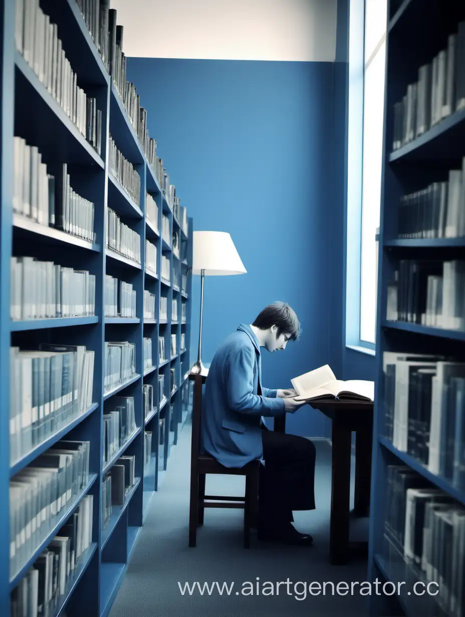 начитанный человек в библиотеке, интерьер серо-голубого цвета