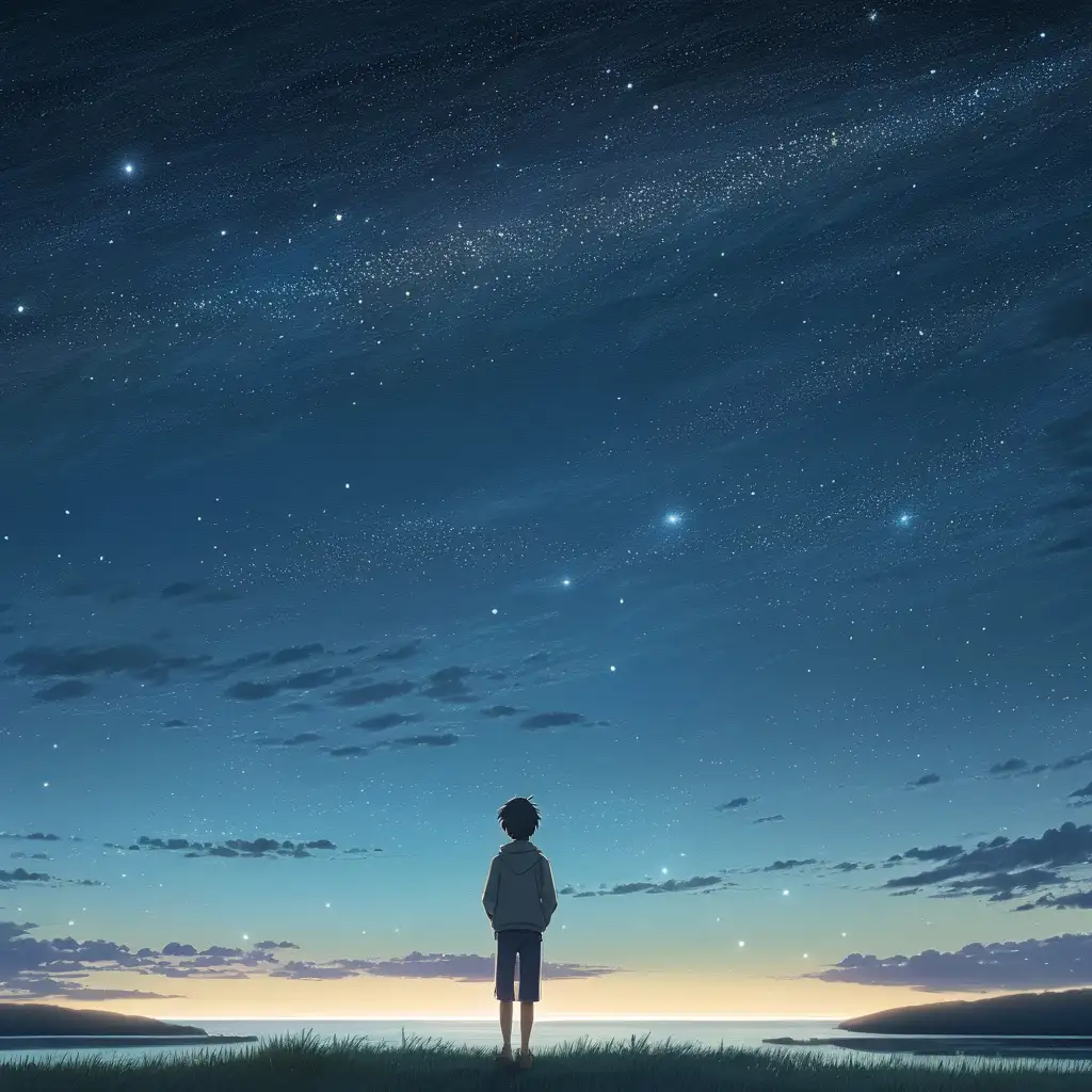 person looking up at the stars. Makoto Shinkai art style. No imperfections