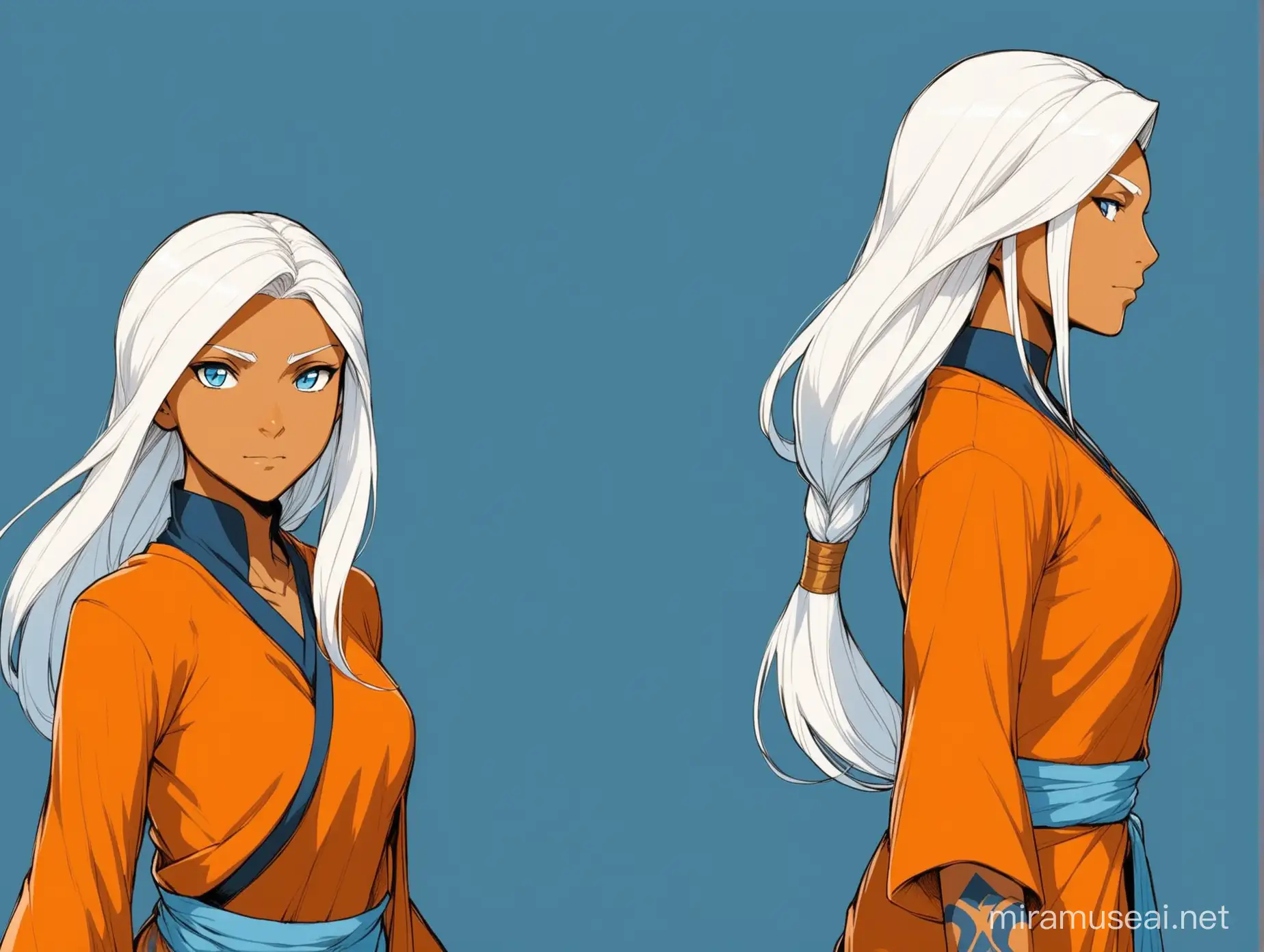 A beautiful female air nomad, with long white hair, tanned brown skin, blue eyes, air nation blue tattoos, prominent nose, toned figure, her outfit is a mixture of air nation orange robe and a blue sari, in style of Legend of Korra 