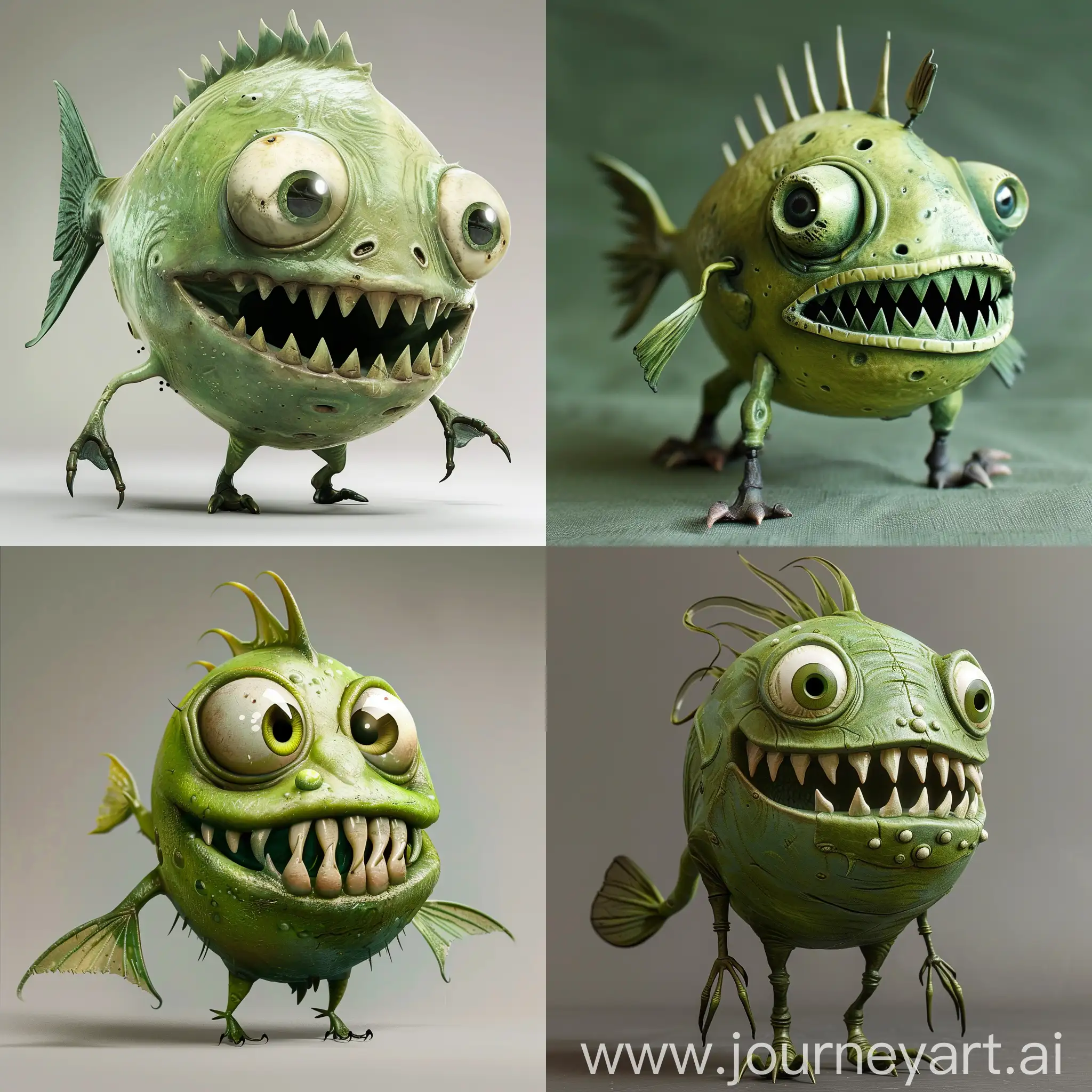 une créature inspirée d'un poisson. Vert avec des grandes dents vers le haut et des gros yeux et des petites nageoires. Ce poisson peut marcher il a des pattes 

