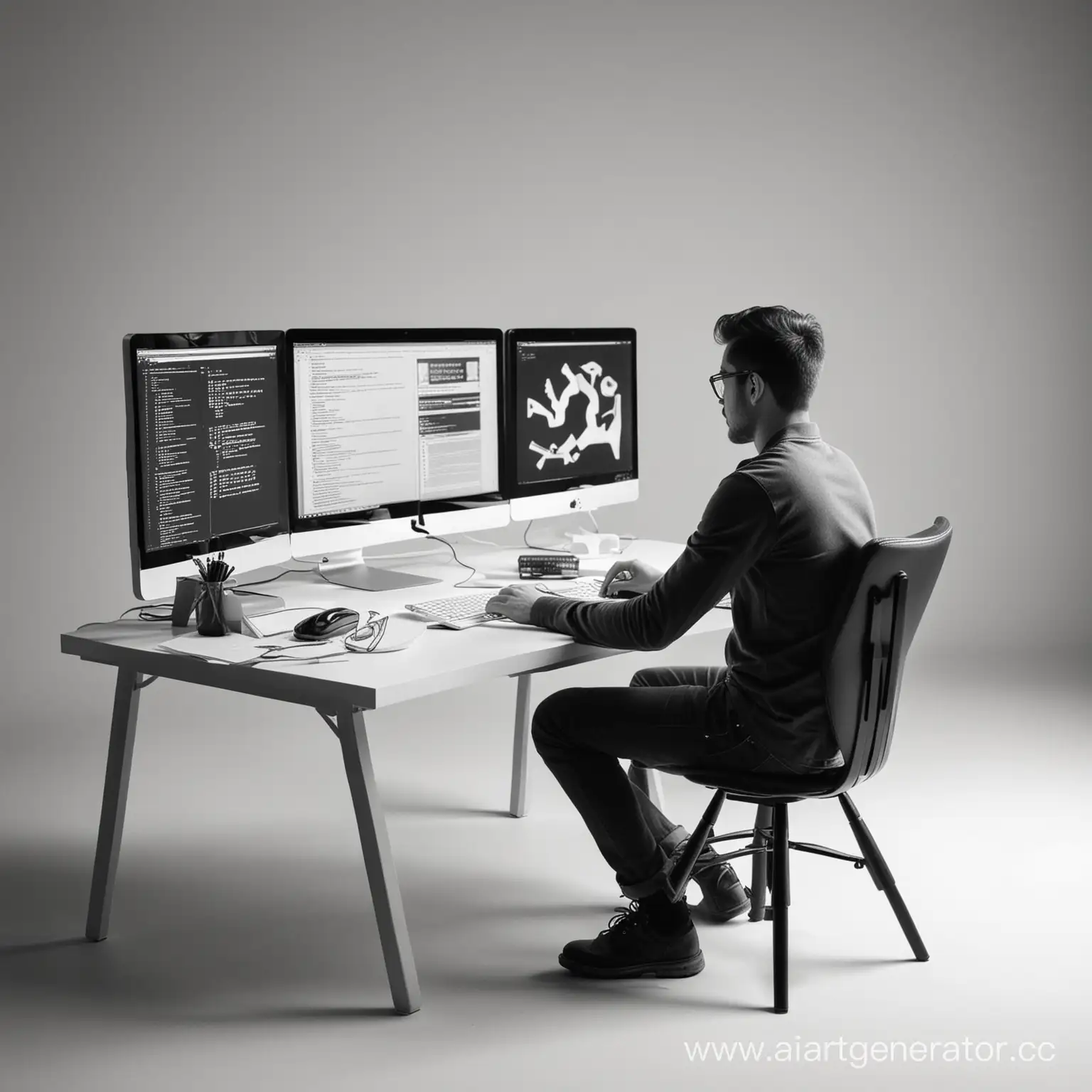 человек сидит за компьютером и делает веб разработку черно белое изображение