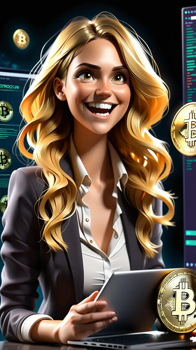 Young Woman Joyfully Embracing Cryptocurrency and Blockchain Technology