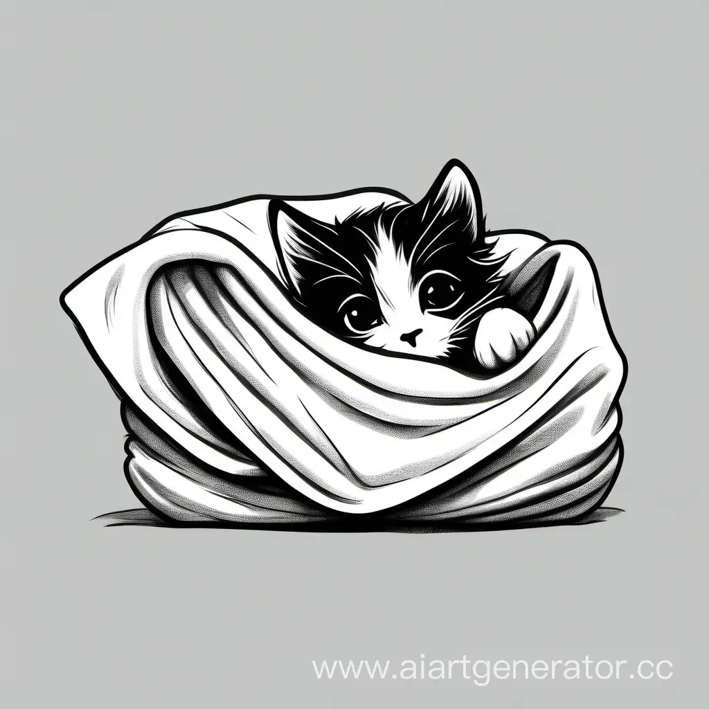 Cozy-Minimalist-HandDrawn-Art-Sleeping-Kitten-Under-Blanket