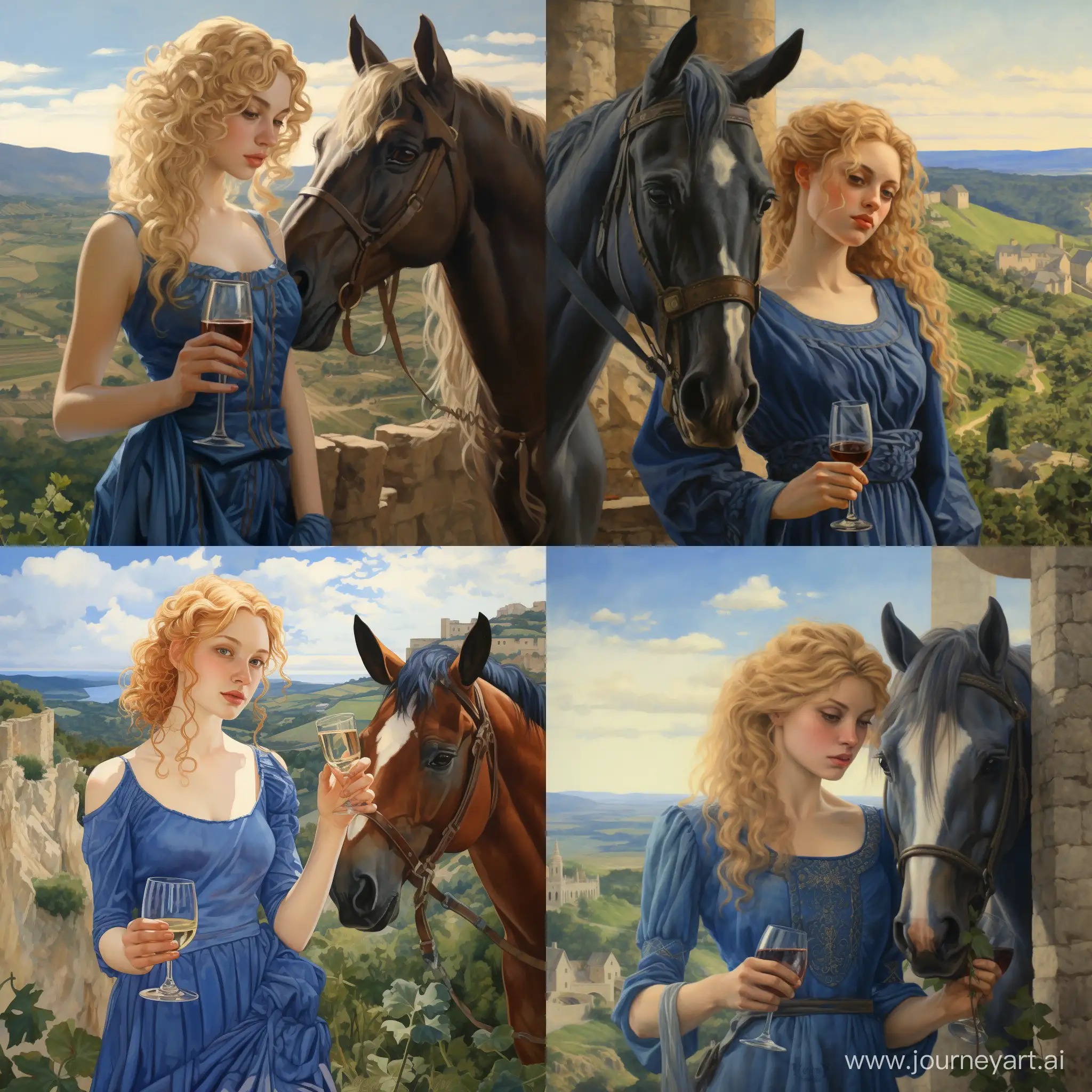 Девушка с блондинистыми вьющимися волосами и синем платье стоит рядом с обрывом, позади нее виноградное поле и лошадь