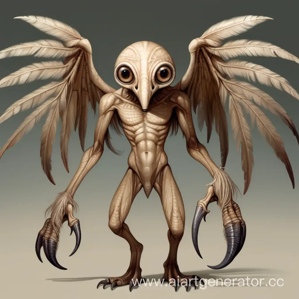 маленький человекоподобный, крылья, огромные глаза, длинный нос, на лице шерсть, тело с 6 конечностями, хвост, много зубов на ладони человека