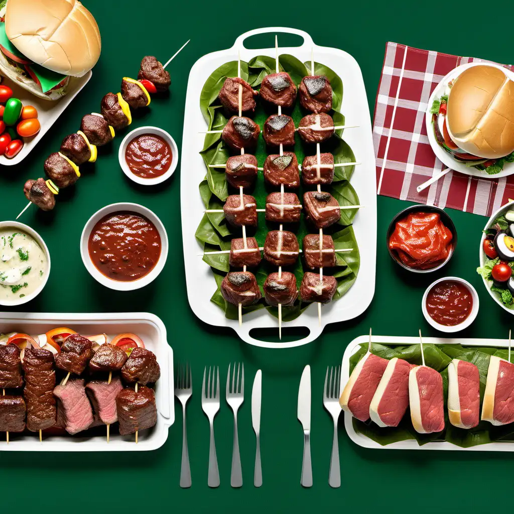 football game day meal with meatballs, steak, beef kabobs, roast beef sandwiches on table with green table cloth



